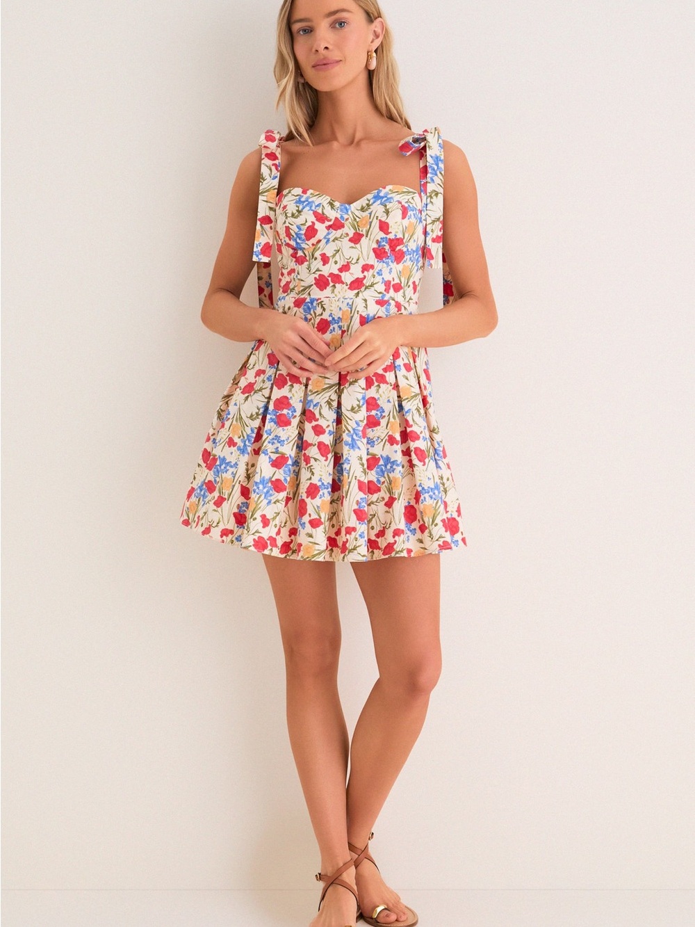 Tie-Shoulder Floral Mini Dress in Cream with Red & Blue Print—Worn once!